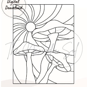 May include: Black and white line art illustration of two mushrooms with a sunburst pattern in the background.