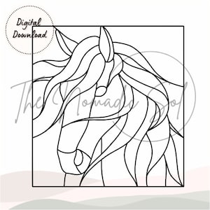 May include: Line art drawing of a horse's head and neck with a flowing mane. The horse is facing to the right and has a long, flowing mane. The drawing is in black and white.