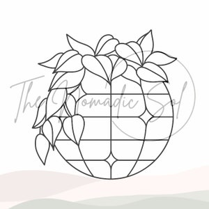 May include: A black and white line drawing of a globe with a plant growing around it. The plant has leaves and flowers.