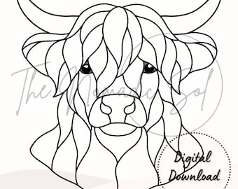 Highland Cow Pattern Stained Glass PDF Digital File- 2 variations included