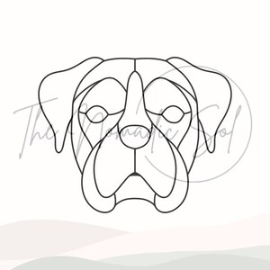 May include: Line art illustration of a boxer dog's face. The dog's features are simplified, with a focus on the nose, eyes, and mouth.