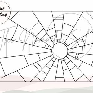 May include: Black and white line art design of a stained glass window with a circular opening in the centre. The design is reminiscent of a spider's web.