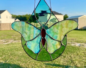 Teal Teardrop Butterfly Stained Glass Sun Catcher