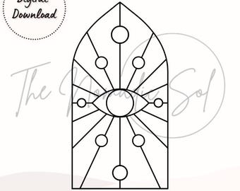 Könnte beinhalten: Eine Schwarzweiß-Zeichnung eines Auges mit einem Sonnenstrahlen-Design. Das Auge ist von einem Kreis aus kleineren Kreisen umgeben, und das Design wird von einer gewölbten Form eingerahmt.