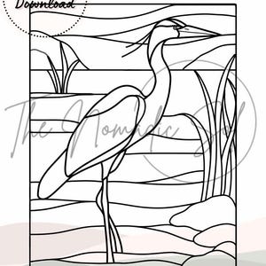 May include: A black and white line art illustration of a heron standing in a marsh. The heron has a long neck and long legs. The marsh is represented by reeds and water.