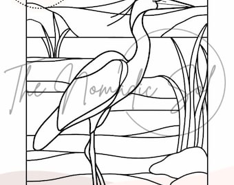 Blue Heron Landscape Pattern Stained Glass PDF Digital File