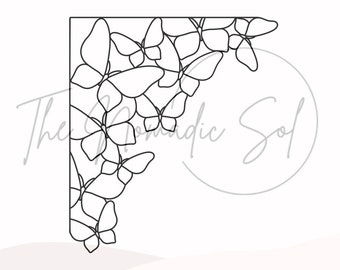 May include: Black and white line art illustration of a corner design featuring a cluster of butterflies.