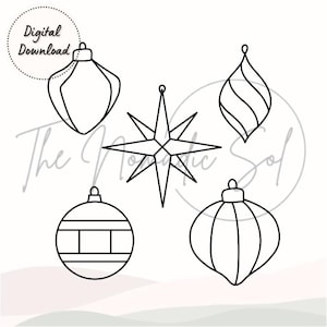 K&ouml;nnte beinhalten: F&uuml;nf schwarze und wei&szlig;e Umriss-Weihnachtsornamente. Die Ornamente umfassen einen Stern, ein rundes Ornament mit Streifen, ein rundes Ornament mit einem Wirbelmuster und zwei runde Ornamente mit einem einfachen Design.
