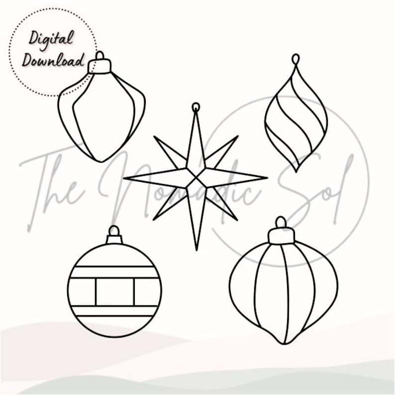 K&ouml;nnte beinhalten: F&uuml;nf schwarze und wei&szlig;e Umriss-Weihnachtsornamente. Die Ornamente umfassen einen Stern, ein rundes Ornament mit Streifen, ein rundes Ornament mit einem Wirbelmuster und zwei runde Ornamente mit einem einfachen Design.