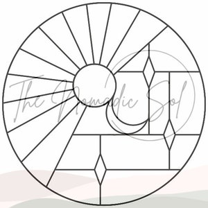 Peut inclure: Dessin au trait noir et blanc d'un vitrail représentant un soleil, une lune et des formes géométriques.