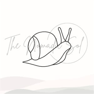 May include: A black and white line drawing of a snail with a shell on its back. The snail is facing to the right and has a long, thin body.