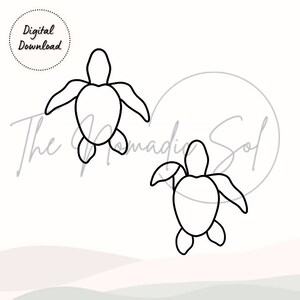 May include: Line art illustration of two sea turtles swimming. The turtles are facing the right side of the image. The image is in black and white.