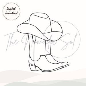 May include: Line art drawing of a pair of cowboy boots with a cowboy hat on top. The boots are pointed toe and have a slight heel. The hat has a wide brim and a pointed crown.