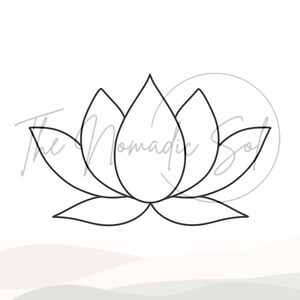 May include: A black and white line drawing of a lotus flower.
