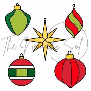 K&ouml;nnte beinhalten: F&uuml;nf Weihnachtsbaumschmuck, darunter ein goldener Stern, ein gr&uuml;n-rot gestreiftes Ornament, ein rot-gr&uuml;n gestreiftes Ornament, ein rotes Ornament mit wei&szlig;en Streifen und ein gr&uuml;nes Ornament mit wei&szlig;en Streifen.