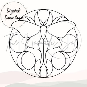 May include: A black and white line art illustration of a moth with wings spread wide, centered inside a circle of overlapping crescent moons.