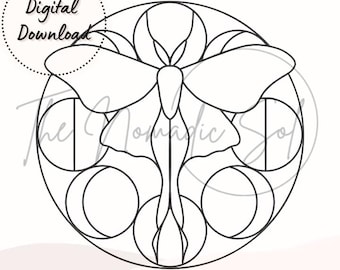 Luna Moth and Moon Phases Pattern Stained Glass PDF Digital File- 2 Variations included