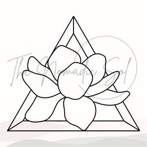 May include: A black and white line drawing of a flower inside a geometric triangle.