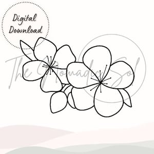 May include: A black and white line drawing of three stylized cherry blossoms.