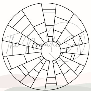 May include: Black and white line drawing of a circular mandala design with a central circle and radiating lines.