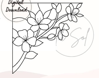 Cherry Blossom Flowers Corner Pattern Stained Glass PDF PNG Digital File