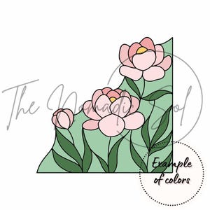 May include: A corner design with pink peony flowers, yellow centres, and green leaves on a pale green backdrop. The text "The Nomadi Soul" is in the upper left. A circle with "Example of colors" is in the lower right.