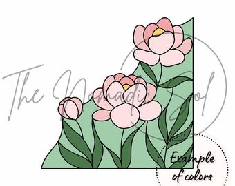 Peony Flowers Corner Pattern Stained Glass PDF PNG Digital File
