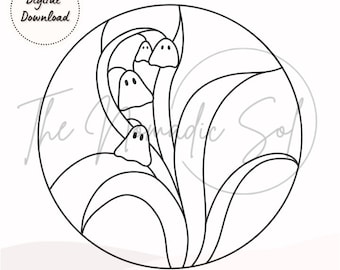Könnte beinhalten: Schwarz-weiße Strichzeichnung eines floralen Designs mit geisterartigen Figuren in einem Kreis. Die Worte "Digital Download" befinden sich in einem Kreis. Die Worte "The Nomadic Sol" sind im Bild.