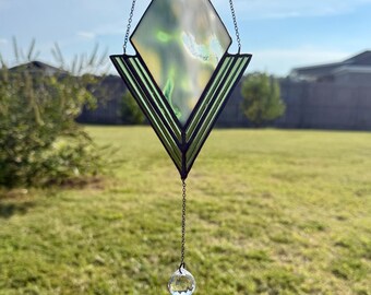 Green Diamond Stained Glass Sun Catcher with Glass Prism