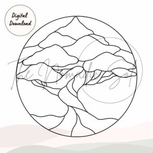 May include: Black and white line art illustration of a stylized tree with a circular frame. The tree has a thick trunk and branches that spread out in a circular pattern.