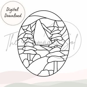 River Mountain Landscape Pattern Stained Glass PDF Digital File