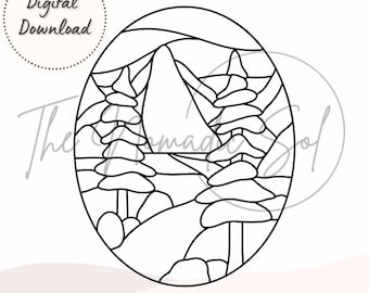 River Mountain Landscape Pattern Stained Glass PDF Digital File