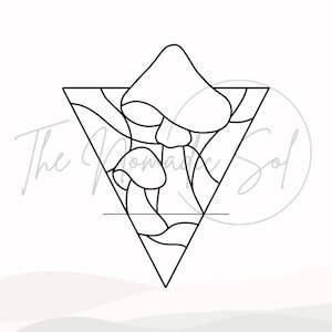 May include: Line art illustration of a mushroom in a triangle shape. The mushroom has a large cap and a stem with a smaller mushroom growing from it.