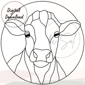May include: A black and white line art illustration of a cow head centered within a circular frame. The design features segmented shapes resembling stained glass patterns. The text Digital Download is visible in the upper left corner of the circle.
