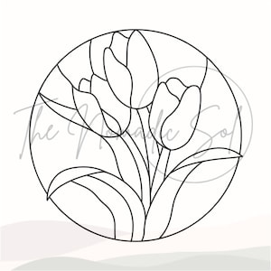 May include: A black and white line drawing of three tulips in a circle. The tulips are stylized and have a simple design.