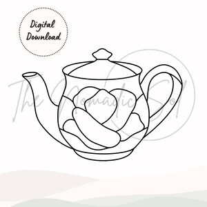 May include: A black and white line drawing of a teapot with a floral design. The teapot has a round body, a spout, a handle, and a lid.