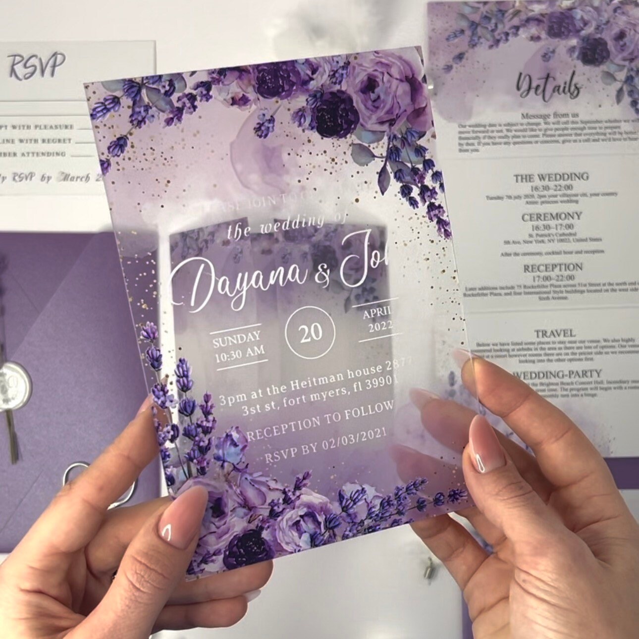 Elegant Lavender & Purple Glass or Acrylic Wedding Invitation Suite -  Customizable, Luxurious, and Unique Wedding Invites - GL4