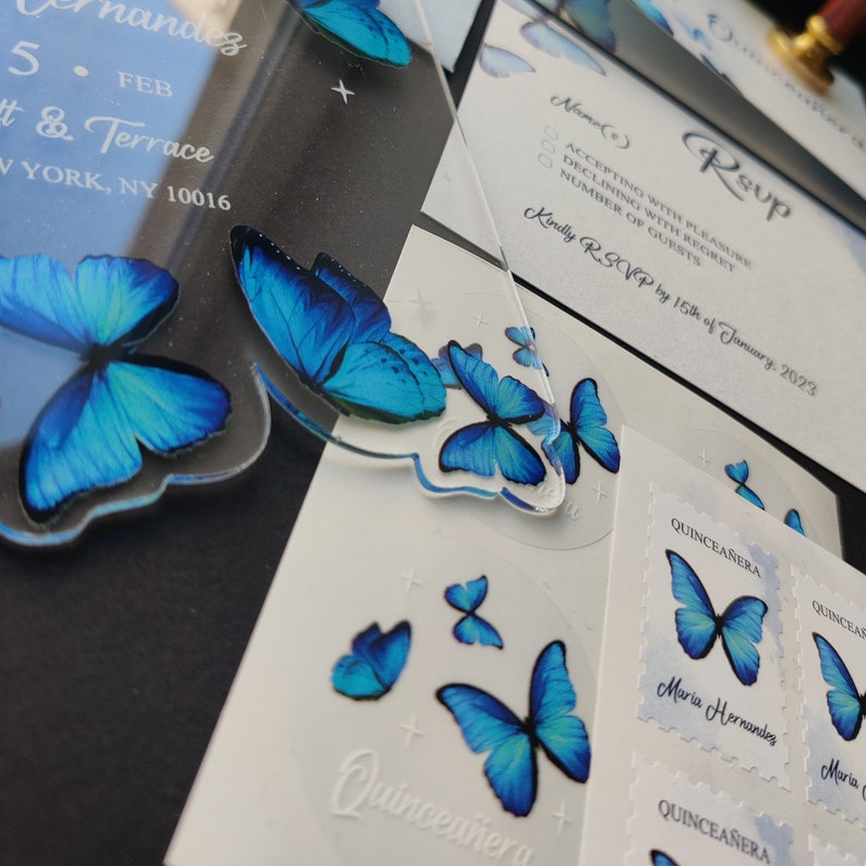 Blue Butterfly Quinceanera Invitations Acrylic Butterfly Etsy