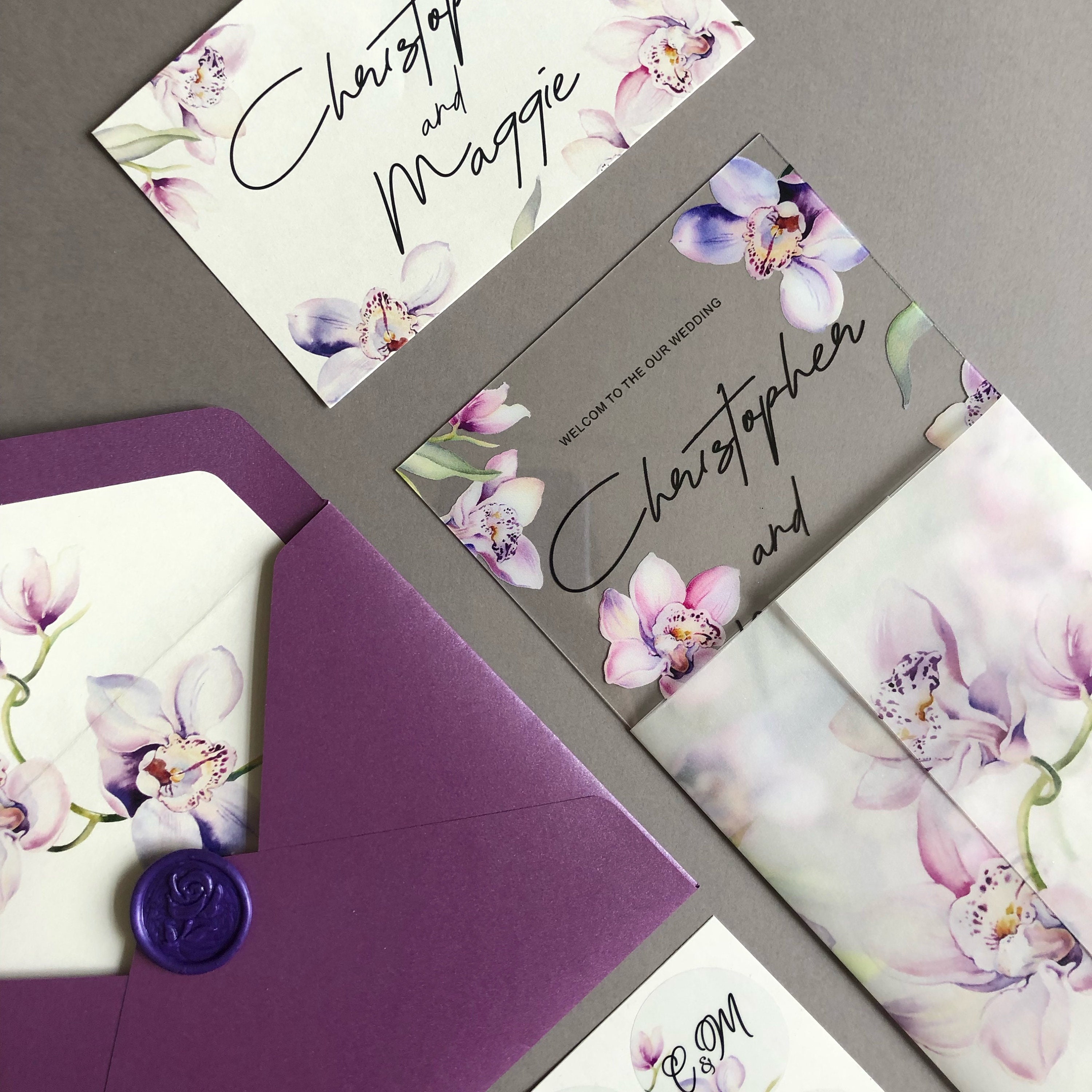 Elegant Lavender & Purple Glass or Acrylic Wedding Invitation Suite -  Customizable, Luxurious, and Unique Wedding Invites - GL4