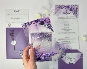 Wedding Invitation suite with lavenders accessories , Custom Invitations, Transparent acrylic wedding invitations