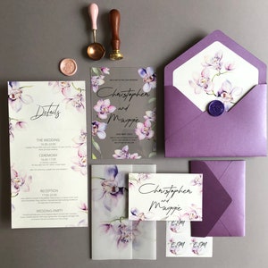 Wedding Invitation suite with purple accessories, Orchid Acrylic wedding invitations