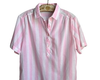 Vintage Pink and White Striped Quarter Button Front Shirt Women's Size L Large