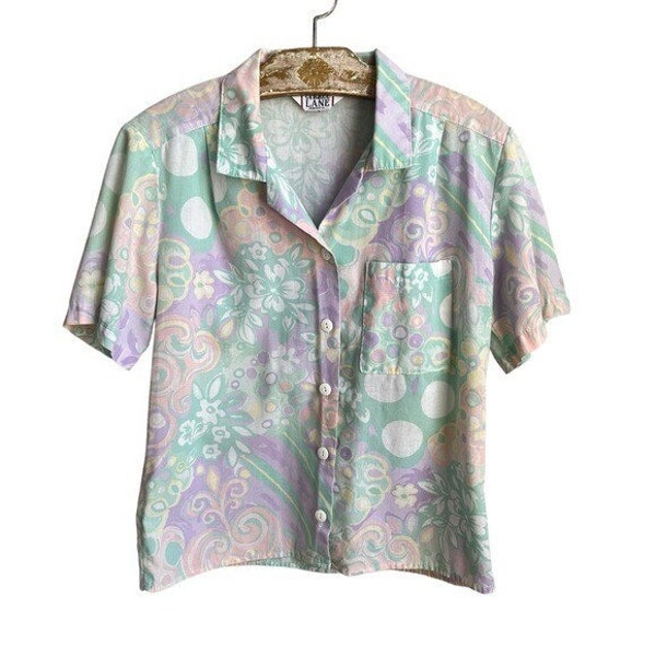 Vintage Pastel Floral Print Button Front Shirt Women's Size L Cropped Kawaii Top