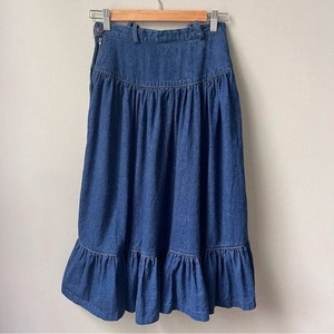 Vintage Western Midi Skirt Women's Size XS Extra Small Denim Jean Tiered Country