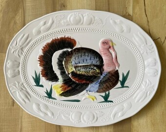 Vintage Turkey Platter Thanksgiving Cermamic Japan Handpainted Kitsch Retro Fall