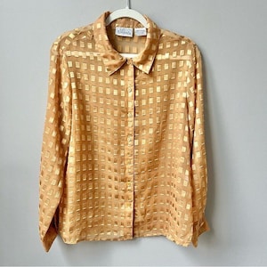 Vintage Semi Sheer Gold Button Up Top Women&#39;s Size L Large Classic Textured Sexy