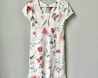 Vintage 90s Floral Dress Women's Size L Cream Satin Tulle Country Feminine Cute