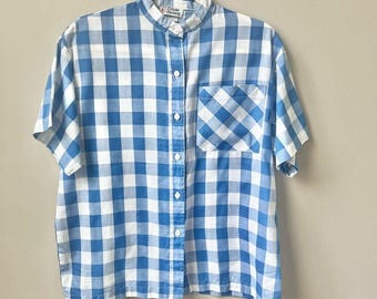Vintage Gingham Camp Shirt Women's Size M Medium Blue White Plaid Preppy Summer