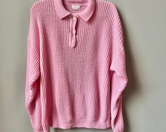 Vintage Pink Ribbed Knit Polo Sweater Cozy Oversized Women's Size L Large Preppy