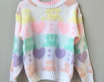 Vintage Fairy Kei Sweater Girls Size 5-6 Kawaii Pastel Cats Hearts Pink Purple